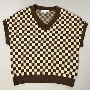 Willow & Wind Sweater Vest Womens Small Brown Beige Checkerboard V Neck Knit